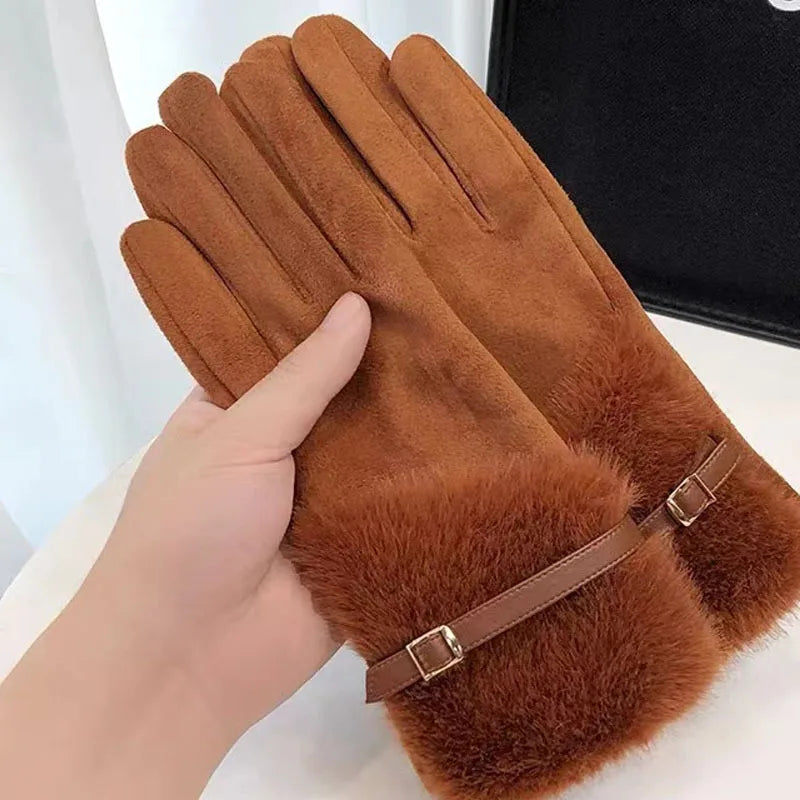 Winter Plush Gloves for Women, Elegant and Warm Riding, Anti Freezing Suede Gloves, Finger Count Touch Screen Gloves