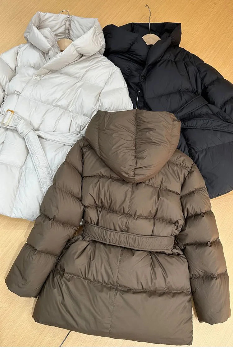 Winter Hooded Women's Down Jackets Ultra Light Warm Casual Lace-up Coat Female Puffer Jacket With Belt Elegant Parka Overcoat