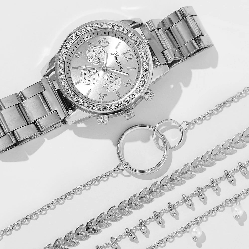 Luxury Quartz Watch Set for Women Premium Silver Elegance with Rhinestone Detail, High Quality 5PCS Women’s Fashion Watch Set Sleek Silver Alloy & Timeless Style, Premium Women’s Silver Quartz Watches Jewelry Set for Chic & Timeless Looks