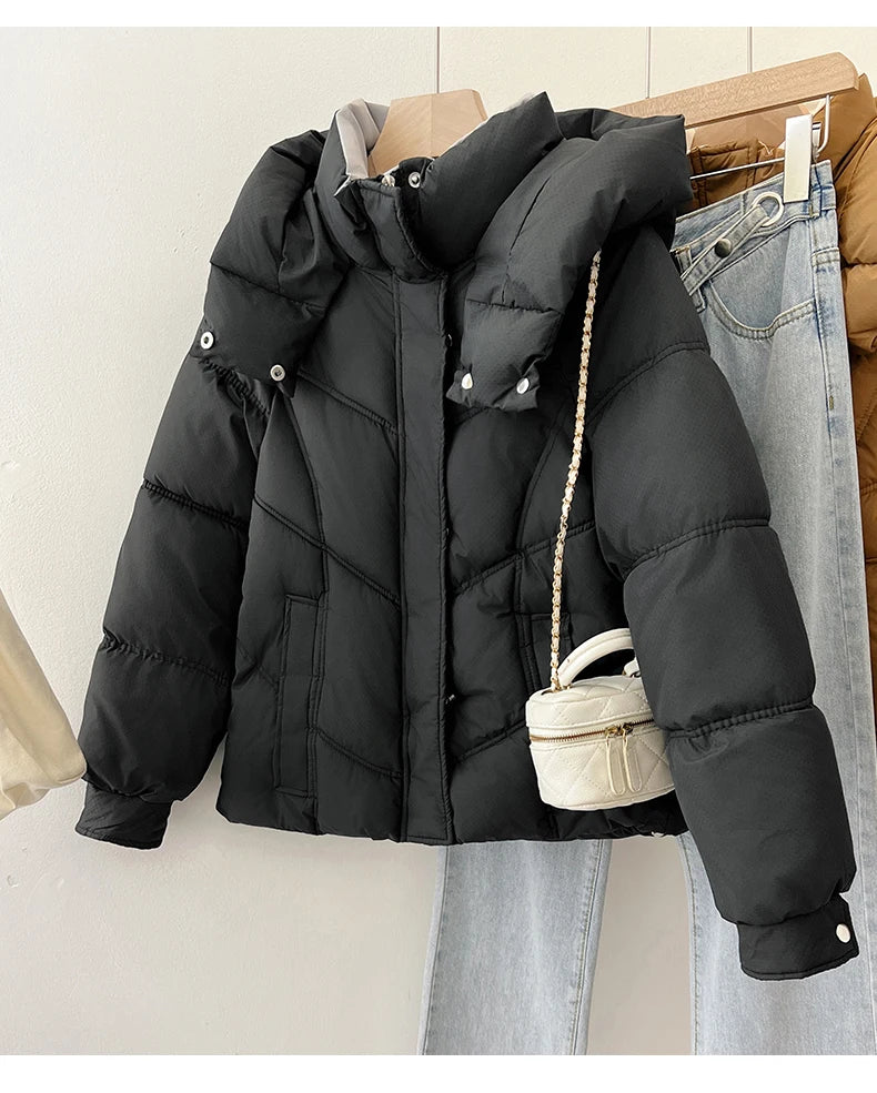 2025 Autumn Winter Puffer Jacket Women Thicken Down Cotton Padded Loose Coat Female Hooded Solid Long Sleeve Short Parkas