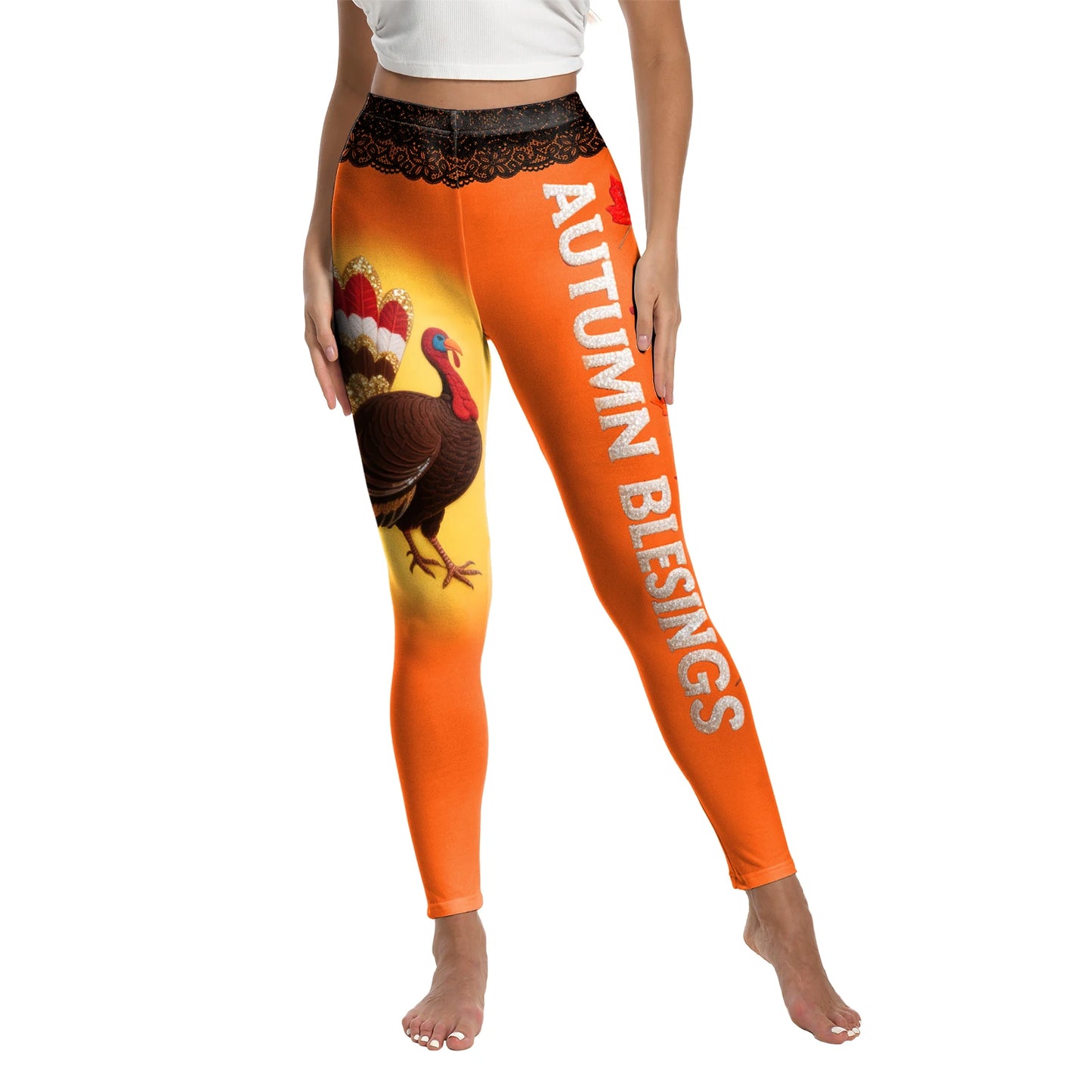 High Quality 2026 Edition Maple Leaf Pattern Cosplay Leggings Thanksgiving Day Turkey Tight Pants Woman Autumn Holiday Costumes Party Performance Trousers