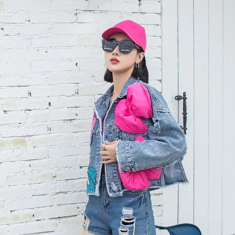 Fashion Brand Jeans Coat Women's Spring Autumn New Heavy Industry Cartoon Sequins Chaqueta High Street Loose-Fitting Denim Coats