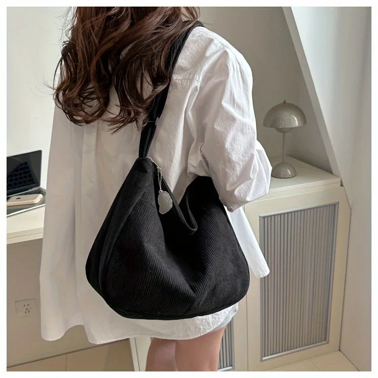 Women’s Corduroy Shoulder Bag, Casual Striped Large Capacity Tote with Zipper Closure, Cute Hat Patch, Perfect for Everyday Use