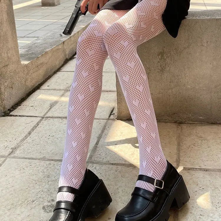 High Quality Heart Flower Pattern Pantyhose, Trendy Japanese Punk Inspired Mesh Tights Sexy, Soft & Premium, Mesh Heart & Flower Fishnet Stockings, Sexy & Cute! Heart Flower Mesh Fishnet Tights for Trendy Girls