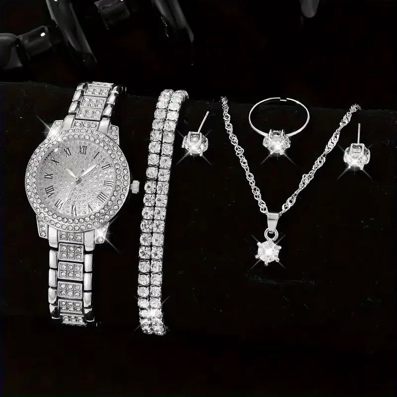 The Ultimate Luxury Vibe  6PCS Alloy & Crystal Watch Set High-Class, Timeless, Unforgettable, Premium Quartz Watch & Bracelet Set Sparkle Brighter, Live Louder, 2026 Edition, Elegant 6-in-1 Luxury Watch & Rhinestone Bracelet Set  Premium Gift