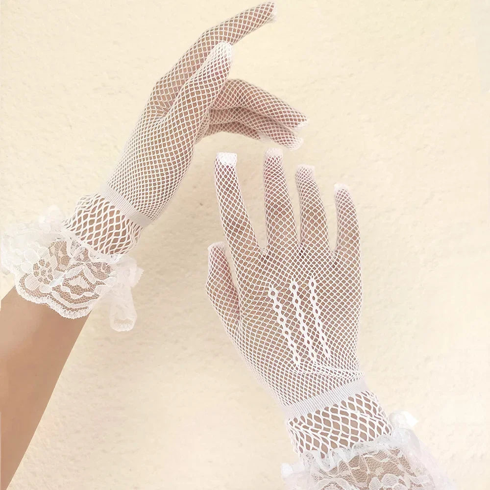 Premium 2026 Style Ruffle Mesh Gloves for Women Full Finger Elegance & Trendy Vibes , Fishnet Lace Driving Gloves Sexy, UV Proof & Effortlessly Chic