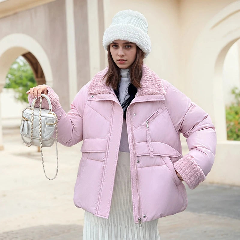 Winter Warm Puffer Jacket Cute Short Parka Patchwork Cotton-padded Coat Trendy Loose Fitting Hooded Zipper Windproof Outerwear