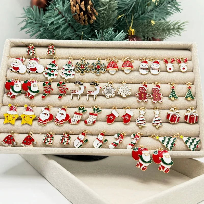 Brand New 2026 Style Premium Quality 25Pairs/5Pairs Christmas Series Earrings Cartoon Santa Claus Gingerbread Man Snowflake Alloy Earrings Set Women Christmas Gifts