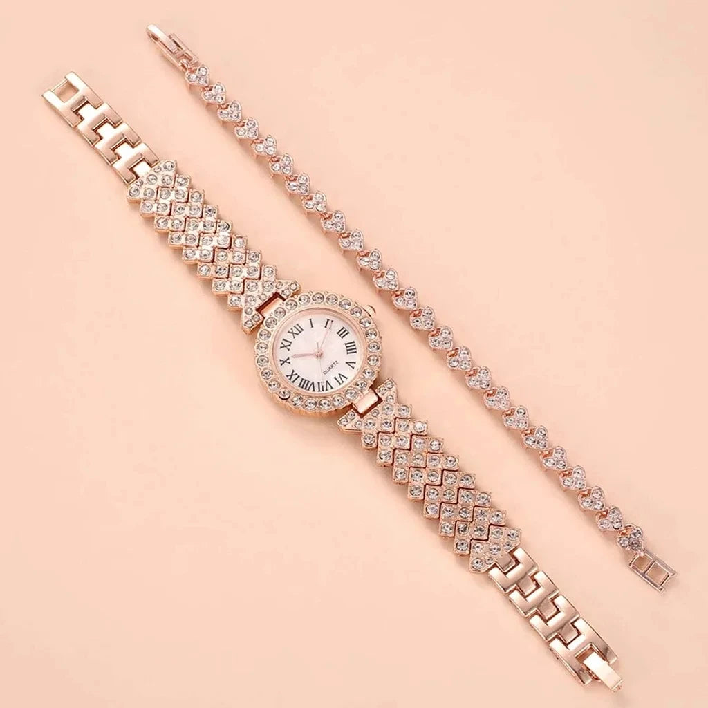 Rose Gold 2026 Premium Quality Rhinestone Watch & Bracelet Set For Women, Shine Like a Diamond 2 PCS Luxury Rose Gold Watch & Bracelet Premium, Feminine & Irresistibly Chic, Elegant Rose Gold Rhinestone Watch Set