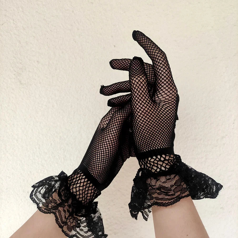 Premium 2026 Style Ruffle Mesh Gloves for Women Full Finger Elegance & Trendy Vibes , Fishnet Lace Driving Gloves Sexy, UV Proof & Effortlessly Chic