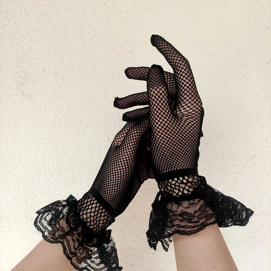 Premium 2026 Style Ruffle Mesh Gloves for Women Full Finger Elegance & Trendy Vibes , Fishnet Lace Driving Gloves Sexy, UV Proof & Effortlessly Chic