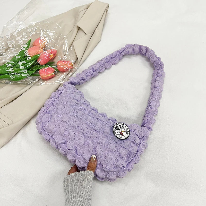 Fashion Mini Puffer Tote Bag Quilted Circle Phone Purse Elegant Purple Soft Nylon Padded Key Pouch Simple Trend Handbag