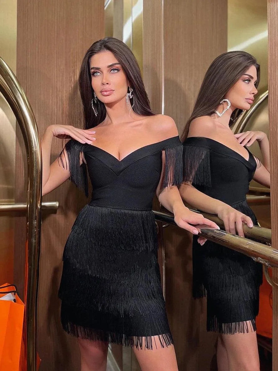 Sexy One Shoulder V-Neck Dress with Fringed Skirt Premium Glam for Every Night Out Sexy Slim-Fit One Shoulder Evening Dress with Fringed Skirt Trendy & Premium 2026 Style