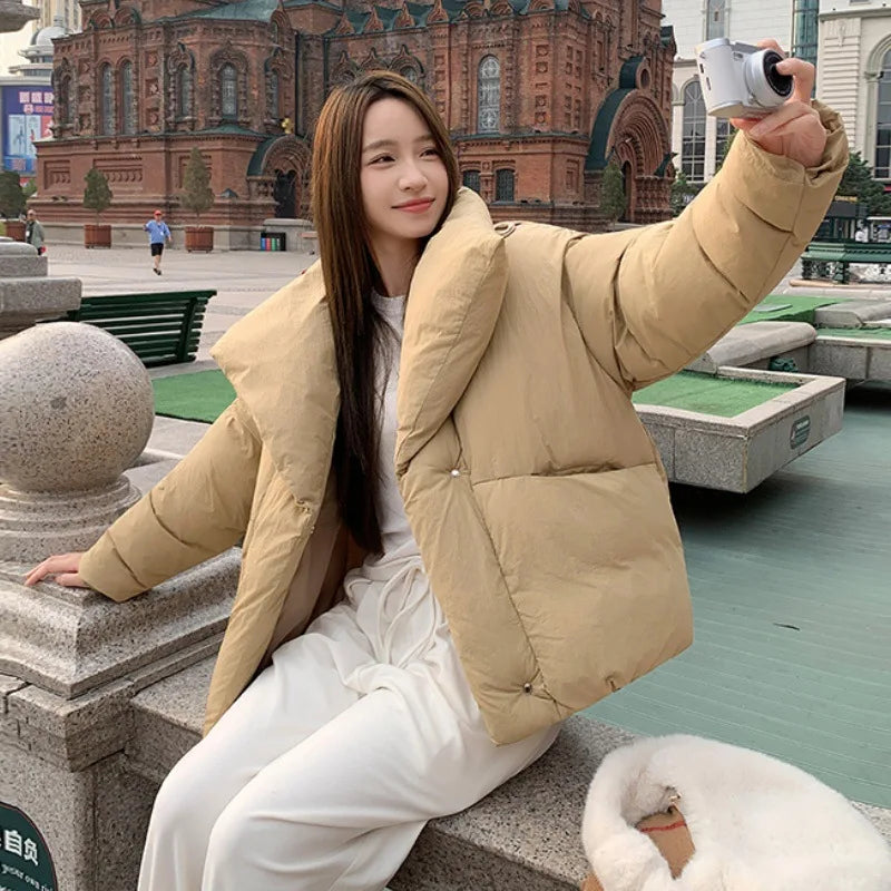 Women's Winter Lapel Puffer Jacket Loose Y2K Fashion Down Cotton Coat Woman Solid Color Casual Windproof Warm Cropped Parkas