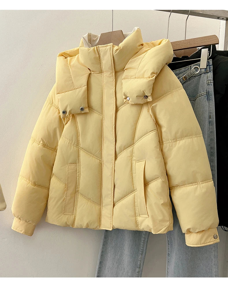2025 Autumn Winter Puffer Jacket Women Thicken Down Cotton Padded Loose Coat Female Hooded Solid Long Sleeve Short Parkas