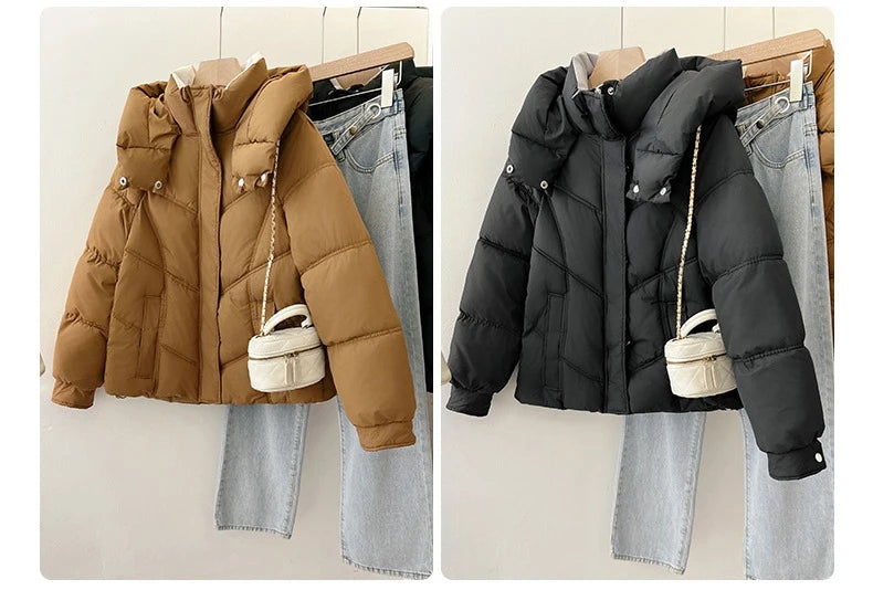 2025 Autumn Winter Puffer Jacket Women Thicken Down Cotton Padded Loose Coat Female Hooded Solid Long Sleeve Short Parkas