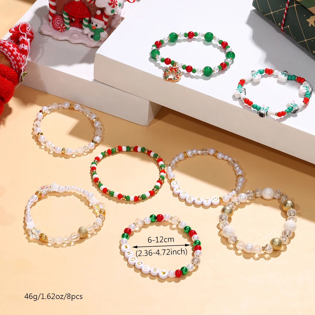 Quality Premium Style 8 Piece New Christmas Star & Snowman Beaded Bracelet Set  (color random)