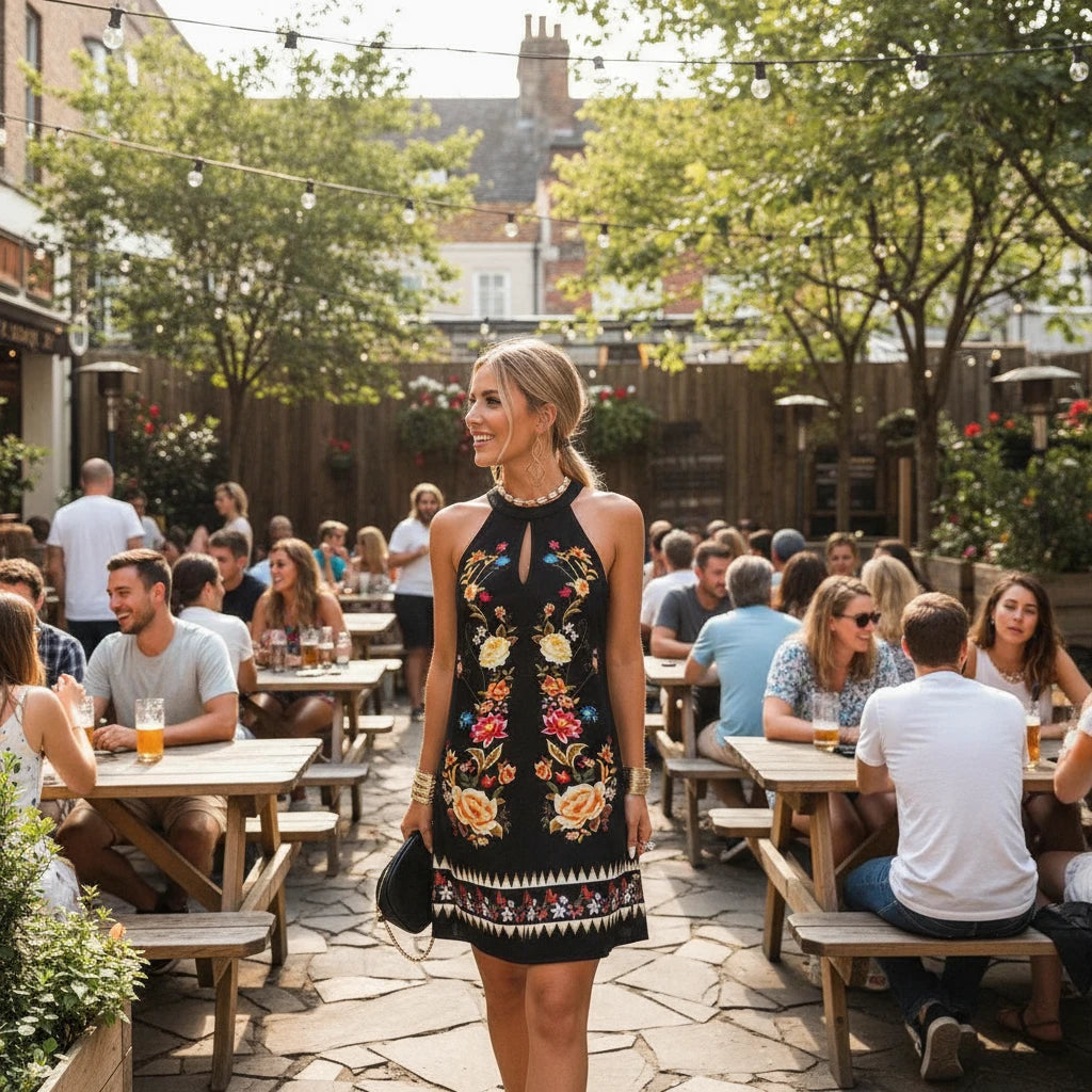 Luxury Meets Fun Trendy Dress for Commuter Days or Holiday Nights, Summer Vibes! Sexy Sleeveless Hanging Neck Printed Dress Perfect for Parties & Getaways , Casual Dress with Chic Prints & Flirty Sleeveless Design