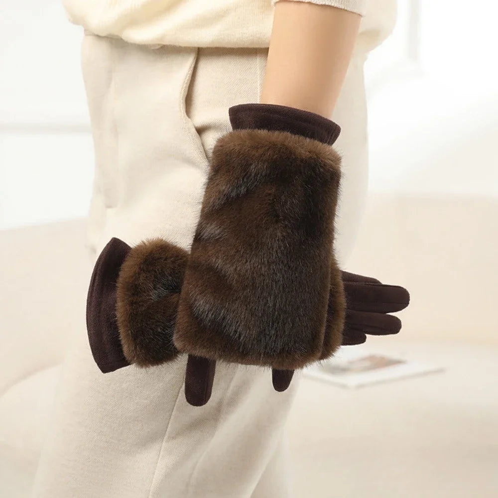 Premium 2026 Women's autumn and winter rabbit fur gloves plus velvet thickened windproof and warm riding cold-proof touch screen suede gloves
