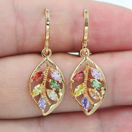 Premium High Quality 2026 Edition 6Women's Fashion Shiny Colorful Zircon Drop Earrings Multicolor Stone Leaf Rose Gold Color Charming Dangle Earring Jewelry