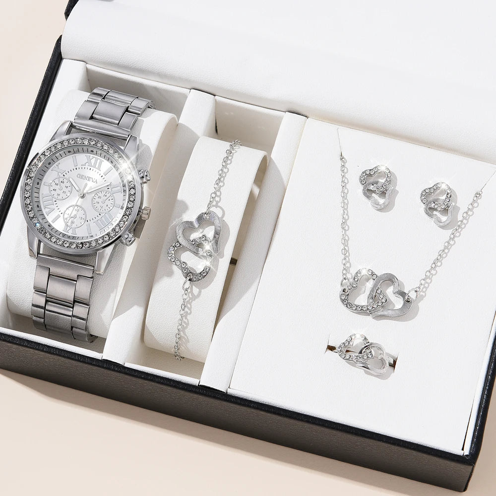 Luxury Quartz Watch Set for Women Premium Silver Elegance with Rhinestone Detail, High Quality 5PCS Women’s Fashion Watch Set Sleek Silver Alloy & Timeless Style, Premium Women’s Silver Quartz Watches Jewelry Set for Chic & Timeless Looks