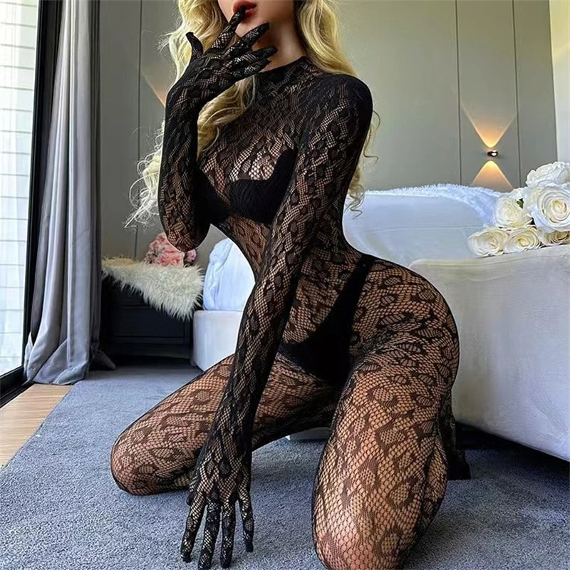 High Quality 2026 Fashion Women Sexy Leopard Hollow Out Mesh Bodystocking Fishnet Lingerie Long Sleeve See Through Bodysuit Jumpsuit Nightwear SIMPLEJEWEL