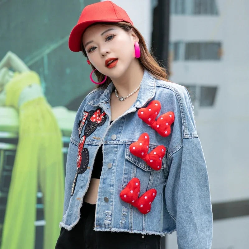 Fashion Brand Jeans Coat Women's Spring Autumn New Heavy Industry Cartoon Sequins Chaqueta High Street Loose-Fitting Denim Coats