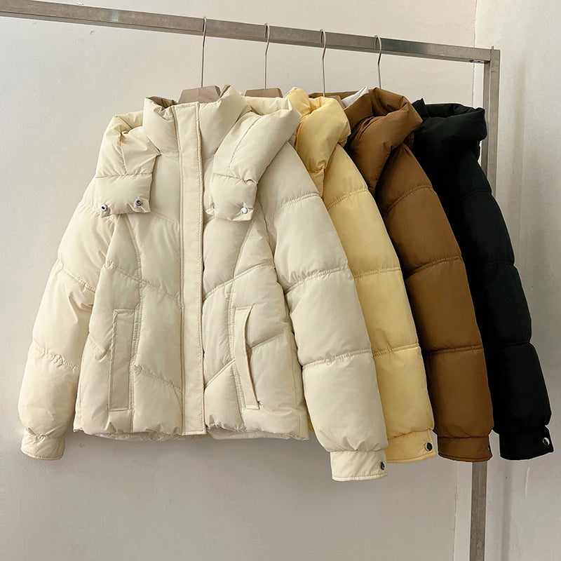 2025 Autumn Winter Puffer Jacket Women Thicken Down Cotton Padded Loose Coat Female Hooded Solid Long Sleeve Short Parkas
