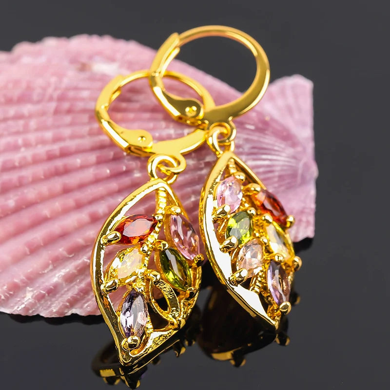 Premium High Quality 2026 Edition 6Women's Fashion Shiny Colorful Zircon Drop Earrings Multicolor Stone Leaf Rose Gold Color Charming Dangle Earring Jewelry