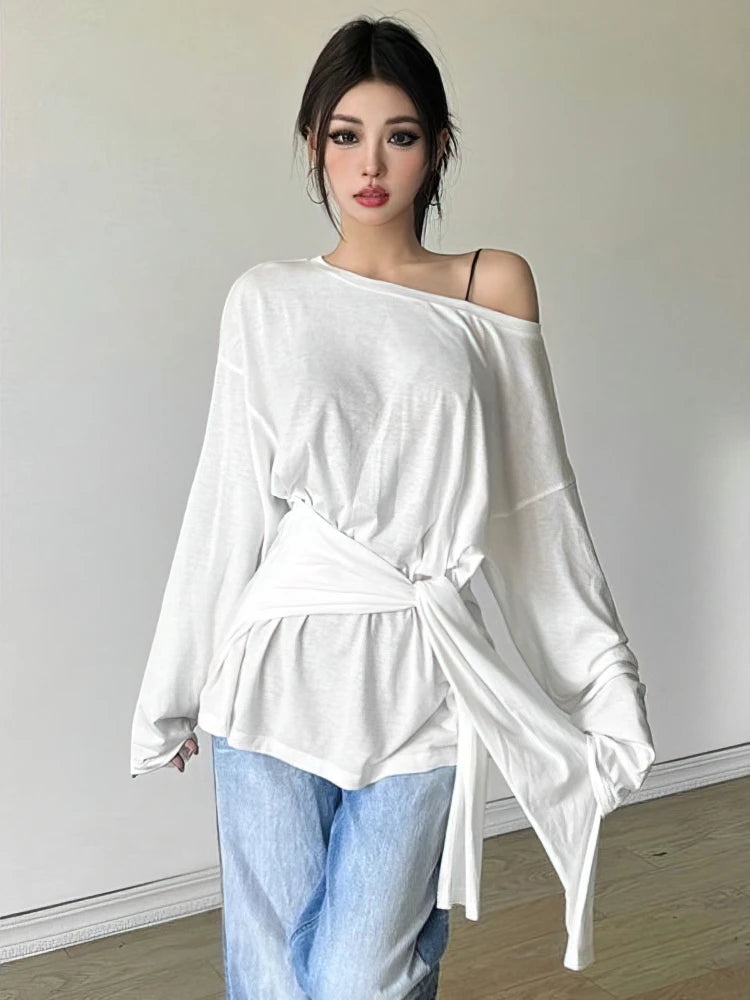 Quality 2026 Fashion Style Sexy Thin See Through Long sleeve Oversize T shirt Women Bandage Off shoulder Top Female Basic Long Tees Korean Chic Lady New