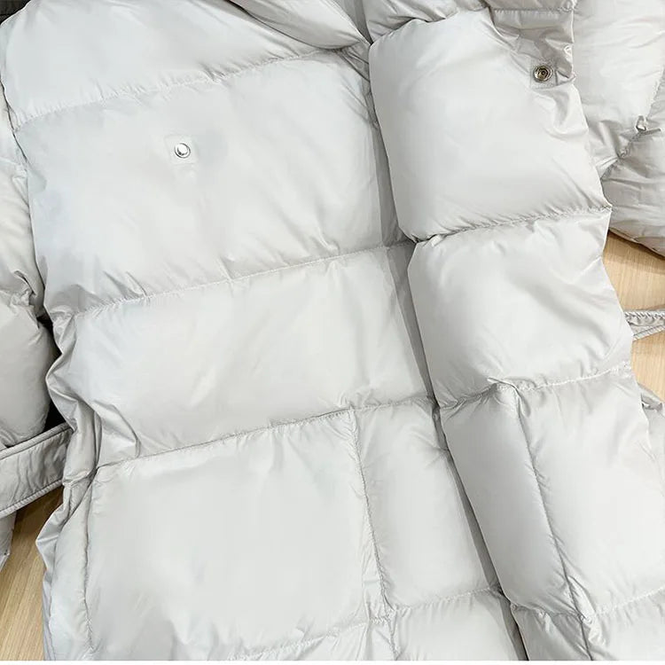 Winter Hooded Women's Down Jackets Ultra Light Warm Casual Lace-up Coat Female Puffer Jacket With Belt Elegant Parka Overcoat