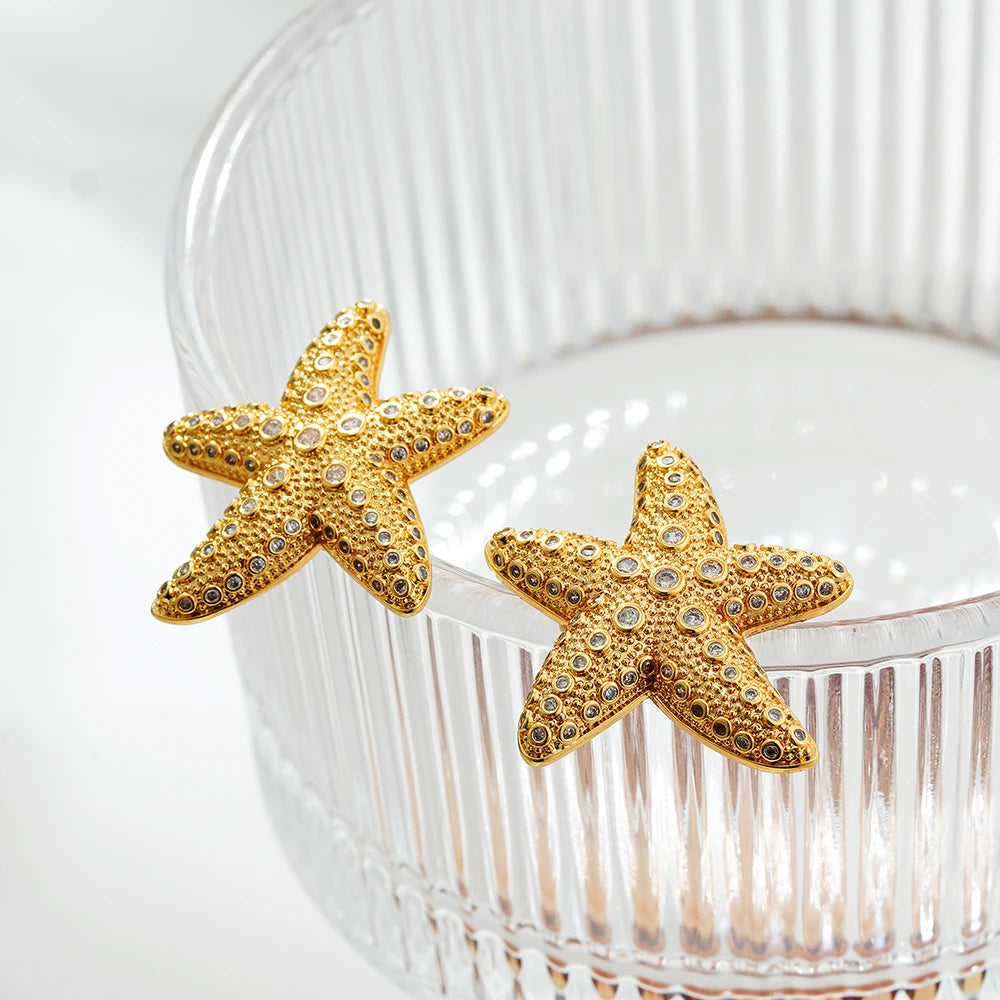 Luxe Gold CZ Earrings for Women Who Slay, Golden Seashell Elegance Premium CZ Starfish Earrings for Trendsetters,  Jewelry Alert! Premium Seashell Earrings Perfect for Summer Glam, Jewelry Alert! ,  Summer Glam
