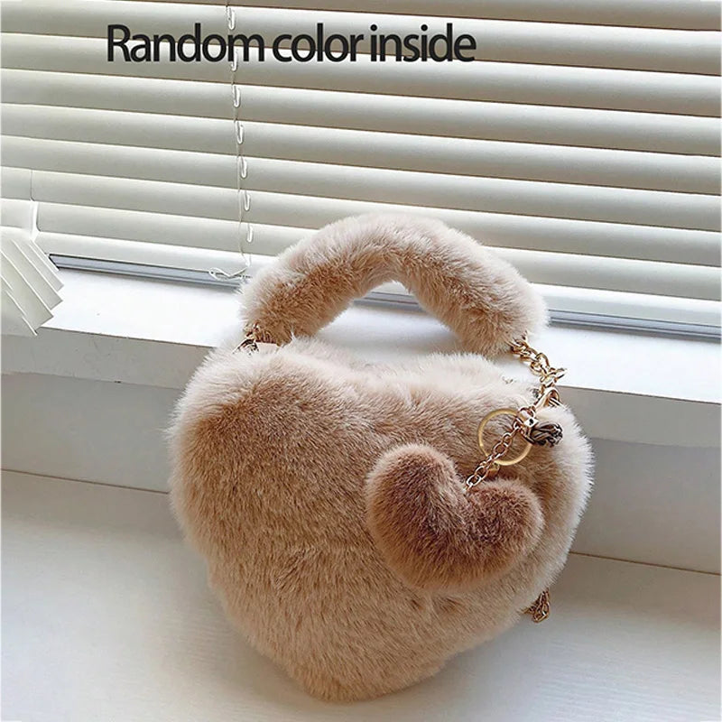 Premium Plush Chain Shoulder Bag  Sexy, Fashion , 2026 Fluffy Chic! Heart-Shaped Faux Fur Bag Cute, Cozy & Ultra Trendy