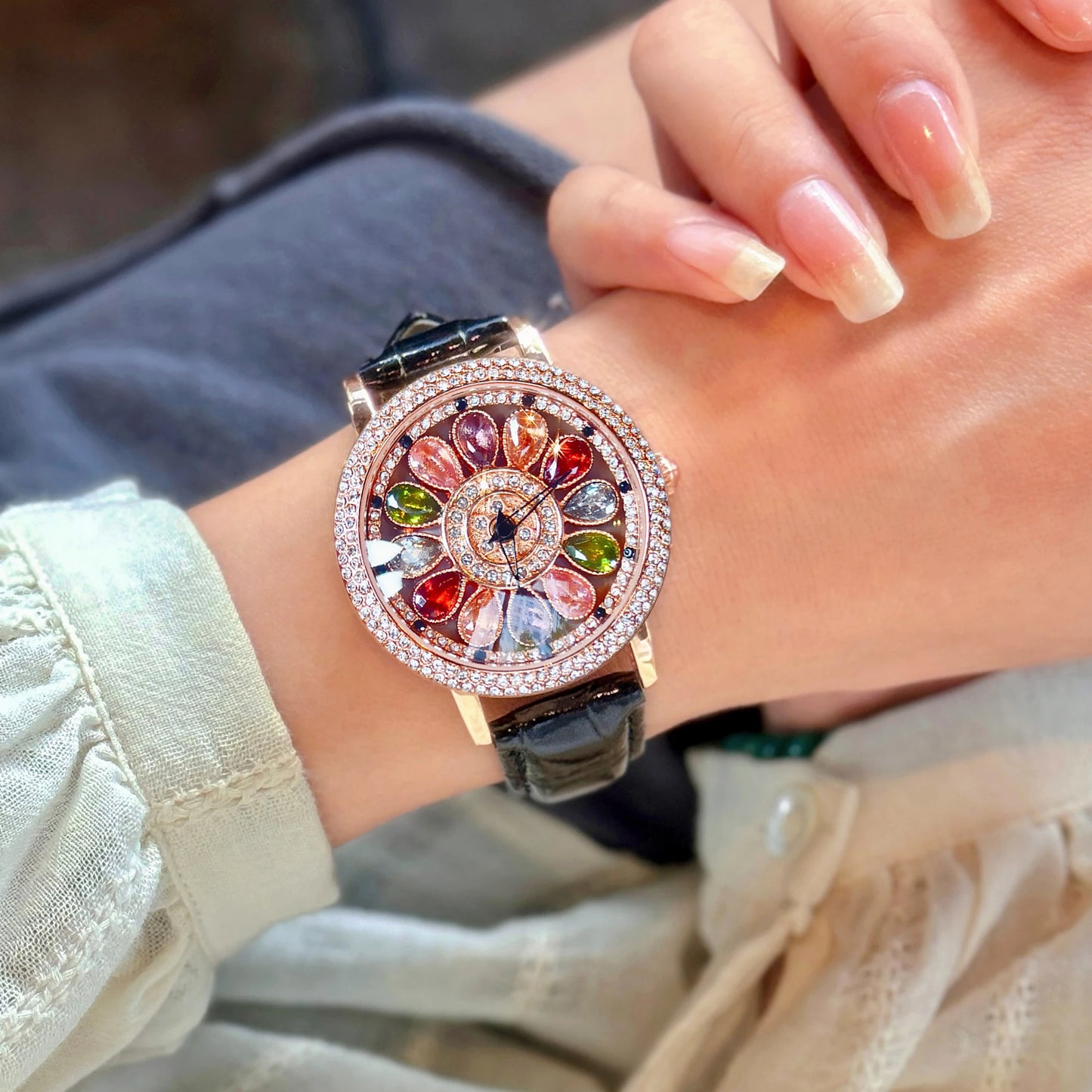 High Class Premium Rhinestone Colourful Rhinestone Watch Premium Design, Rotating Dial Rhinestone Inlay & Premium Craftsmanship Quartz Watch for Women Who Love to Shine ,