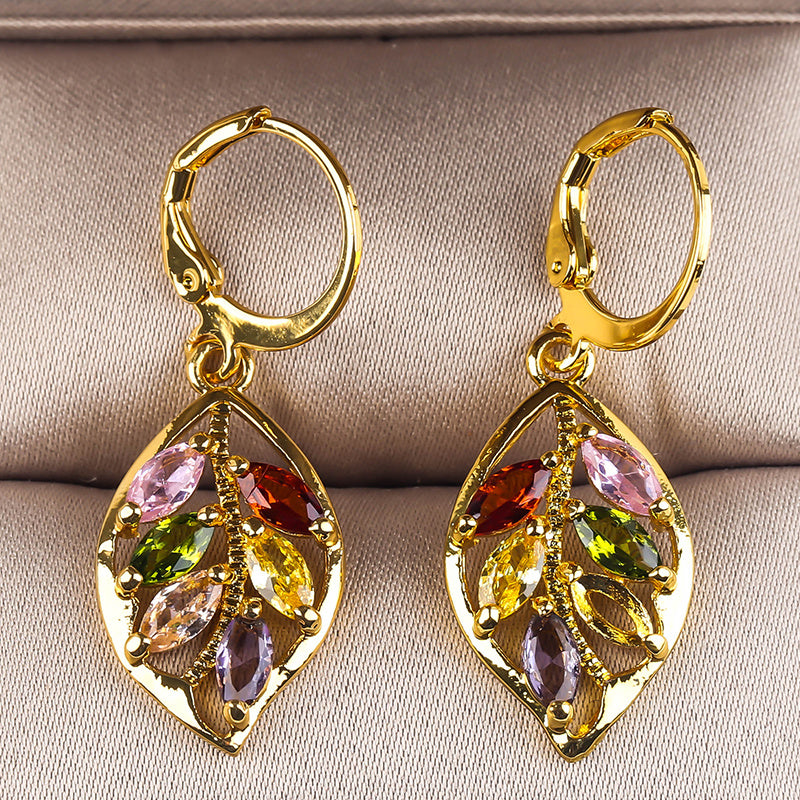 Premium High Quality 2026 Edition 6Women's Fashion Shiny Colorful Zircon Drop Earrings Multicolor Stone Leaf Rose Gold Color Charming Dangle Earring Jewelry