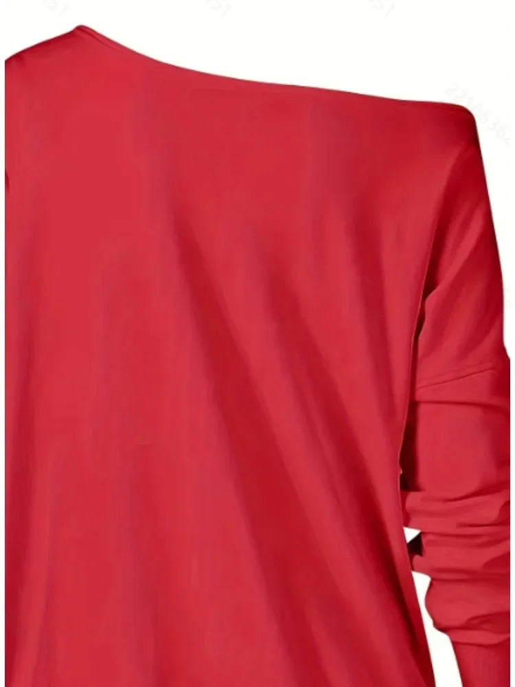 Plus Size 1XL-5XL Women's 2025 Fashion Christmas Print Long Sleeved Sweatshirt Ladies Off Shoulder Casual Print Pullover Top