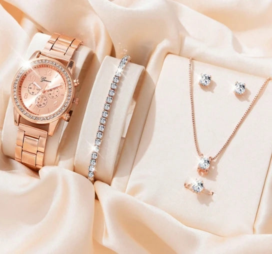 Luxury Quartz Watch Set for Women Premium Silver Elegance with Rhinestone Detail, High Quality 5PCS Women’s Fashion Watch Set Sleek Silver Alloy & Timeless Style, Premium Women’s Silver Quartz Watches Jewelry Set for Chic & Timeless Looks