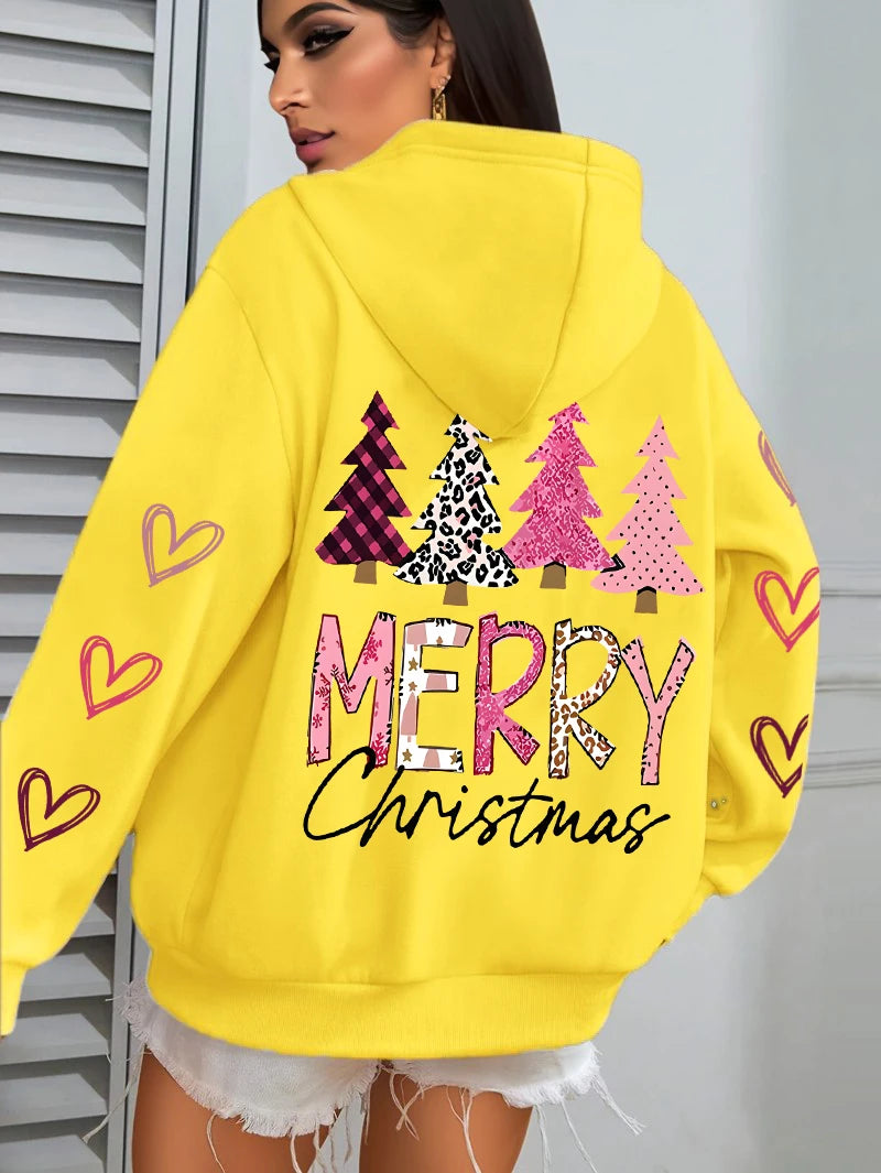 All Match Holiday Streetwear Women’s Merry Christmas Hoodie, Casual, Cozy & Christmas-Ready Harajuku Pink Tree Pullover, Merry Christmas Pink and more colours Tree Hoodie!, Celebrate 2025 in Style Christmas Tree Loose Hoodie