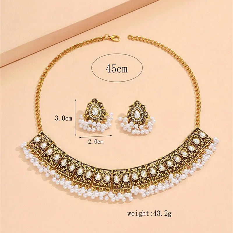 Premium Pearl & Crystal Jewelry Set Chic Necklace & Earrings Combo, Simulated Pearls & Resin Stones Necklace Set , Shine Bright in 2026 Vintage Inspired Jewelry Set