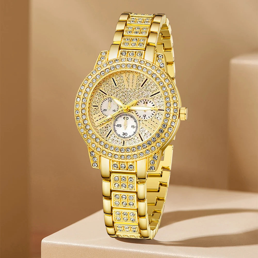 Gold Luxury Women’s Quartz Watch Jewelry Sparkle Like You Own the Moment , Luxury Meets Desire 4-in-1 Fashion Watch & Jewelry Gift Set Timeless, Premium & Totally Irresistible,