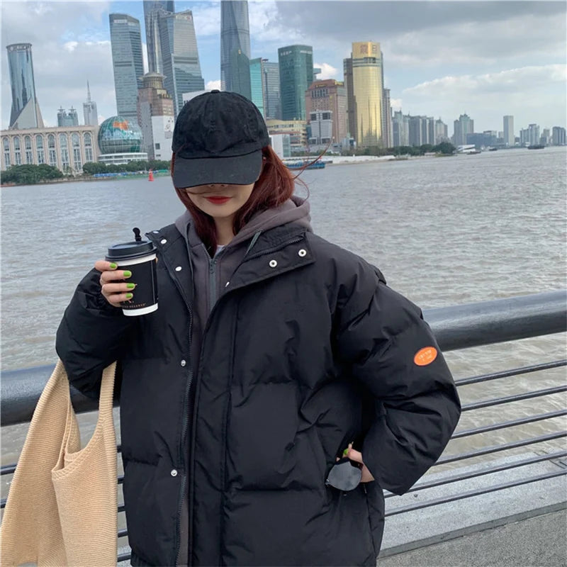 Chic Faux Two Design Pieces Parkas Women Puffy Patchwork Hooded Parka Jacket Woman Winter Pockets Zipper Up Padded Jacket Ladies