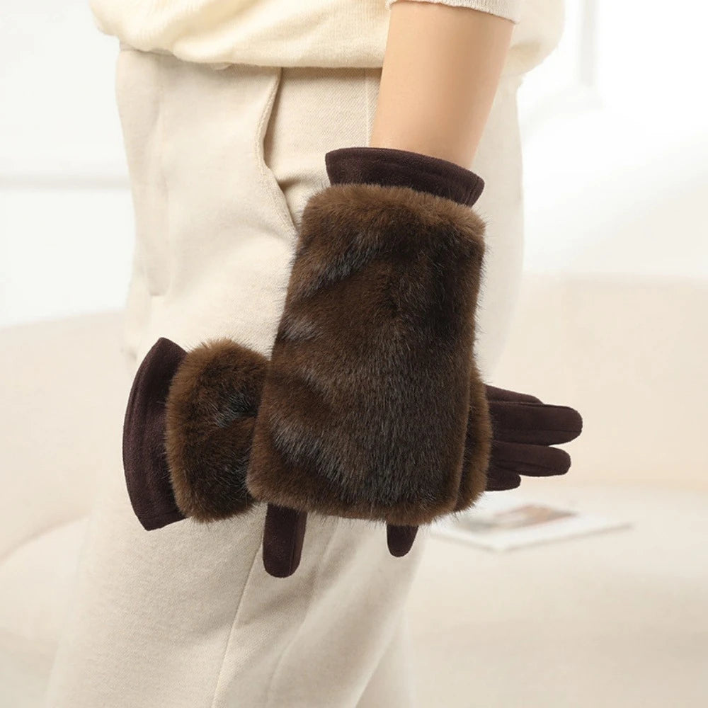 Premium 2026 Women's autumn and winter rabbit fur gloves plus velvet thickened windproof and warm riding cold-proof touch screen suede gloves
