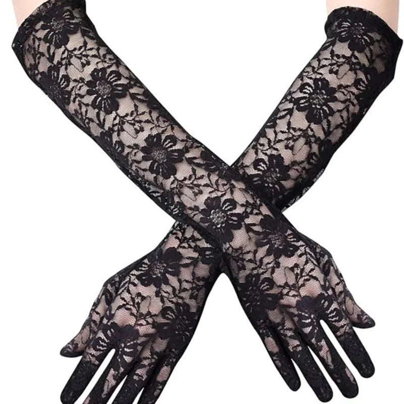 Elegant  Seduction! Hollow Lace Long Gloves Breathable, Sexy & Unapologetically, Premium Transparent Lace Gloves Lolita, Cosplay & Summer Glam Vibes