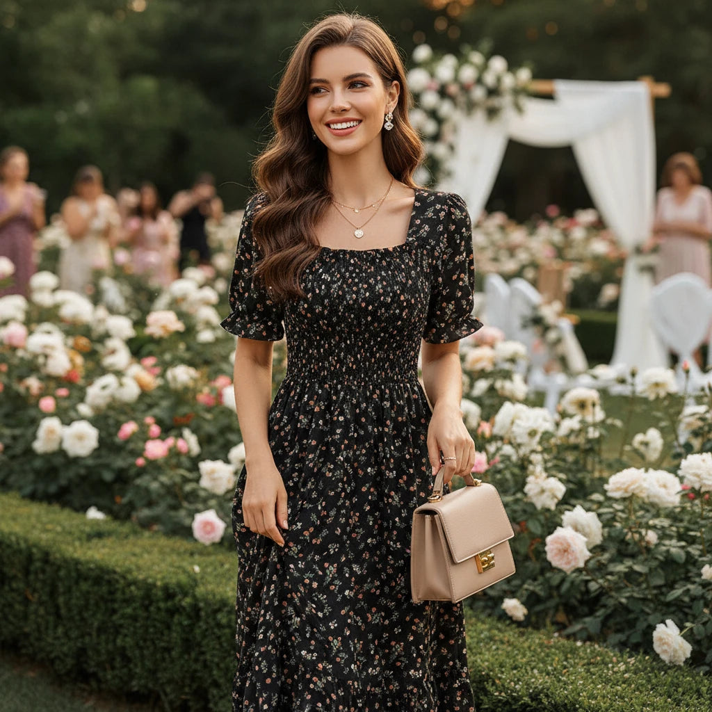 Fashion 2026 Paris Floral Printed Midi Dress for Everyday Glam & Brunch Vibes, Floral Printed Midi Dress for Everyday Glam & Brunch Vibes, Romantic & Classy Premium Quality Meets Pure Femininity