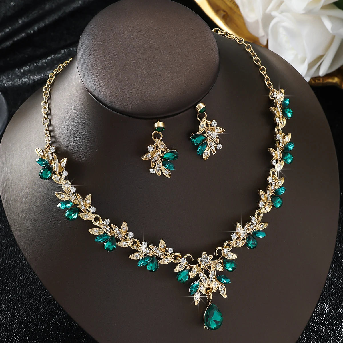 Premium Light Luxury Jewelry Gorgeous Leaf Water Drop Earrings & Necklace Set, Light Luxury  Perfect for Parties, Weddings, High Class 2026 Glam! Sparkling Leaf Water Drop Jewelry Set for Elegant Fashion Lovers
