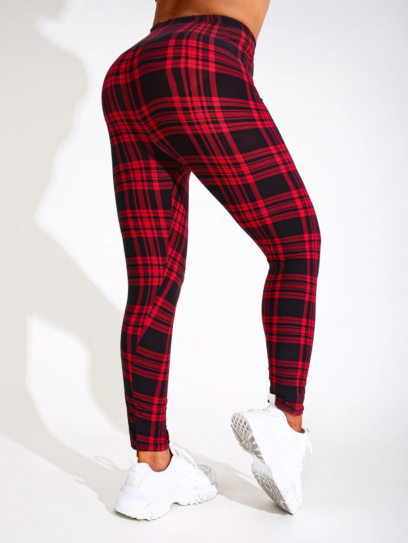 Casual Fashionable Brushed High Elasticity Sexy Tight Fitting Black And Red checkered Leggings Sports Slimming Yoga Pants