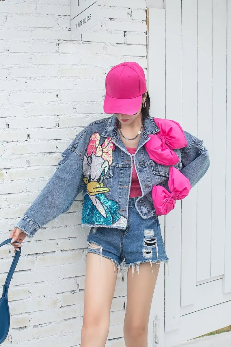 Fashion Brand Jeans Coat Women's Spring Autumn New Heavy Industry Cartoon Sequins Chaqueta High Street Loose-Fitting Denim Coats