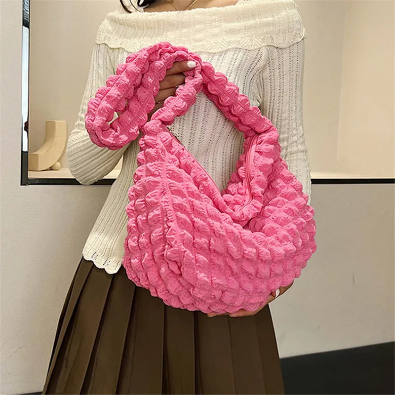 Crossbody Bag With Pleated Design Embroidered Plaid Shoulder Bag Underarm Bags Simple Large Capacity Quilted Tote Bags For Women