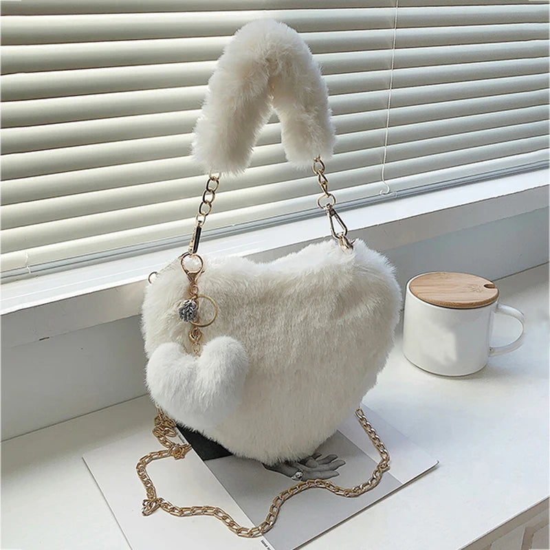 Premium Plush Chain Shoulder Bag  Sexy, Fashion , 2026 Fluffy Chic! Heart-Shaped Faux Fur Bag Cute, Cozy & Ultra Trendy