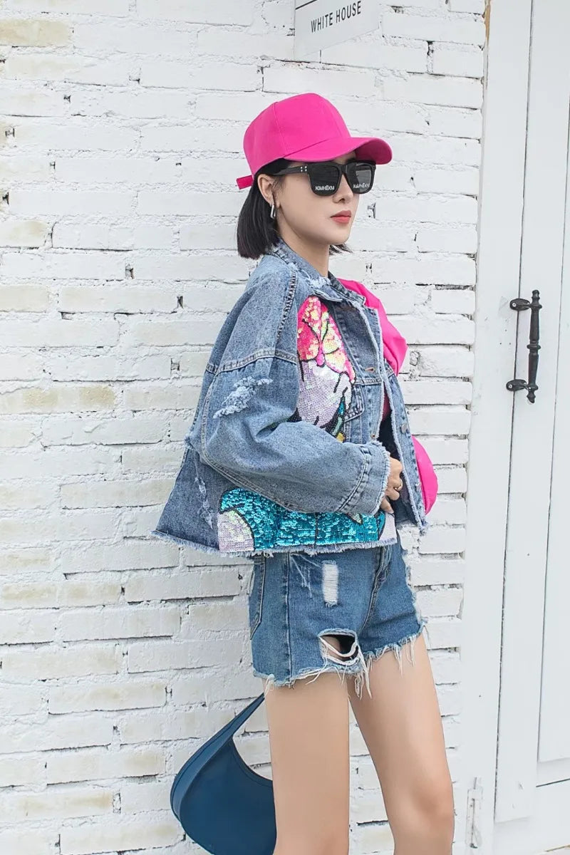 Fashion Brand Jeans Coat Women's Spring Autumn New Heavy Industry Cartoon Sequins Chaqueta High Street Loose-Fitting Denim Coats